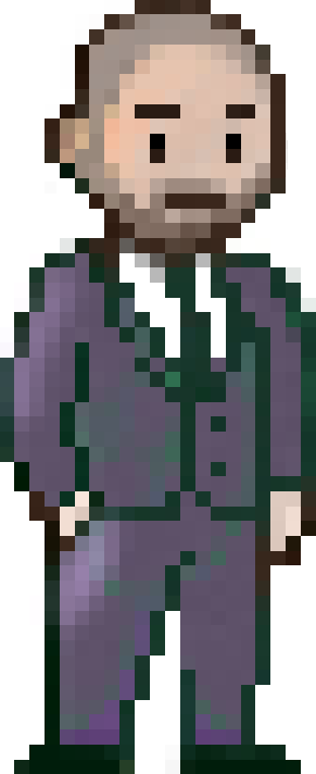 Pixel Art character of myself: a bald guy with a beard in a purple suit with green accents.